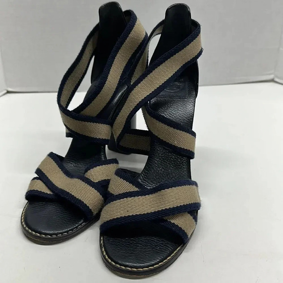 Tory Burch Laurie Criss Cross Elastic Strap Chunky Stacked High Heel Shoe 10 - Picture 2 of 10